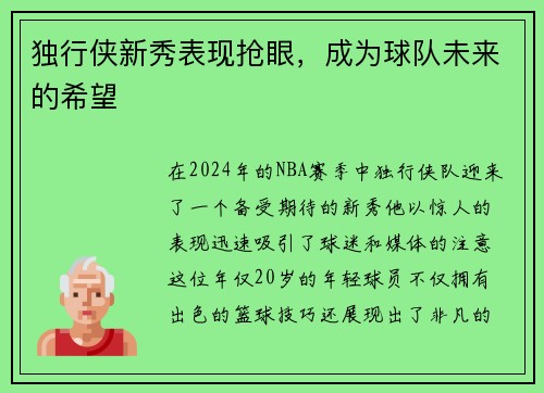 独行侠新秀表现抢眼，成为球队未来的希望