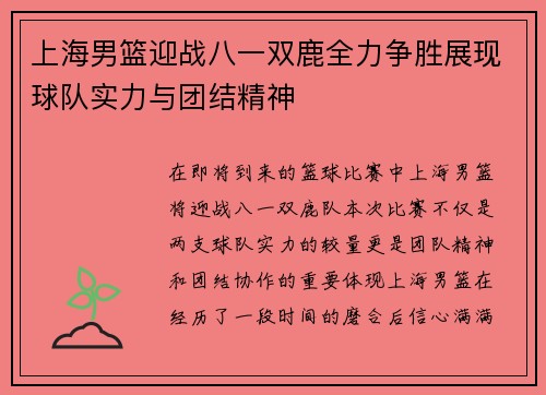 上海男篮迎战八一双鹿全力争胜展现球队实力与团结精神