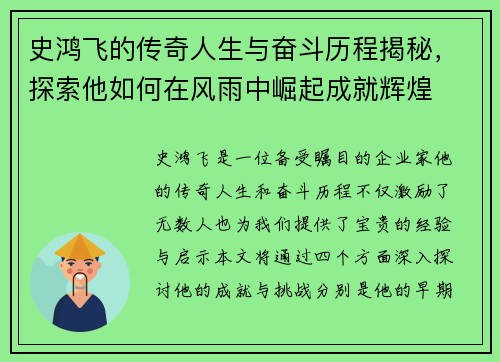 史鸿飞的传奇人生与奋斗历程揭秘，探索他如何在风雨中崛起成就辉煌